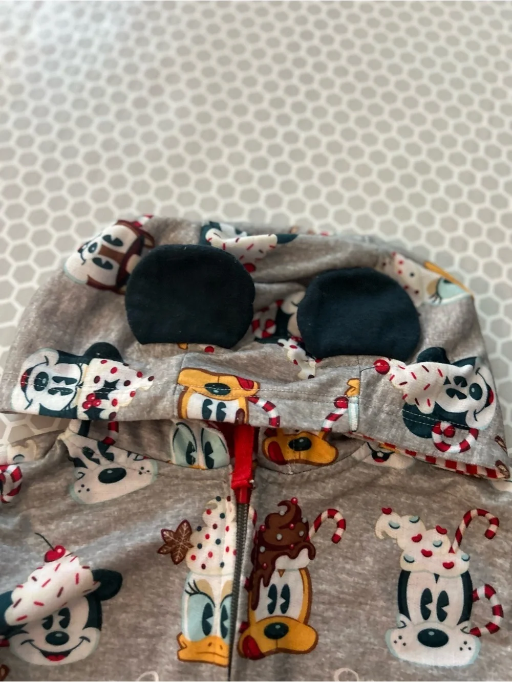 Disney Gray Holiday Character Hooded Baby One-Piece with Red Stripes Size 2